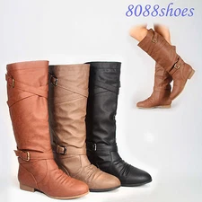 Women's Round Toe Zipper Low Flat Heel Knee High Boots Shoes All Size 5 -10 NEW