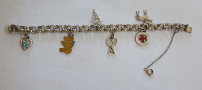 Vtg Jacoby Bender Sterling Silver Triple Link Charm Bracelet - 6 charms-  7.5''