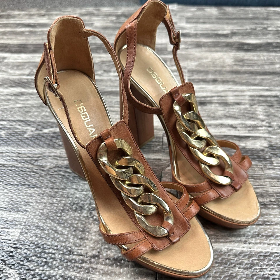 Sandalias de cuero Dsquared2 para mujer 37 EE. UU. 7 altas gruesas cadena tacón bloque plataforma Foto 3 de 4