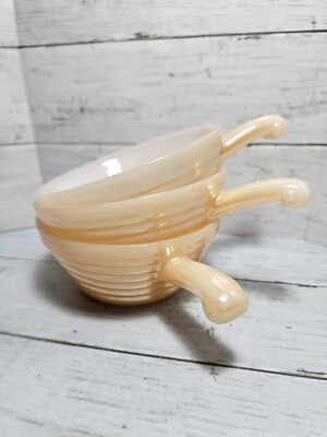 3 Vintage Fire King Oven Ware Peach Lustre Soup Bowls With Handle