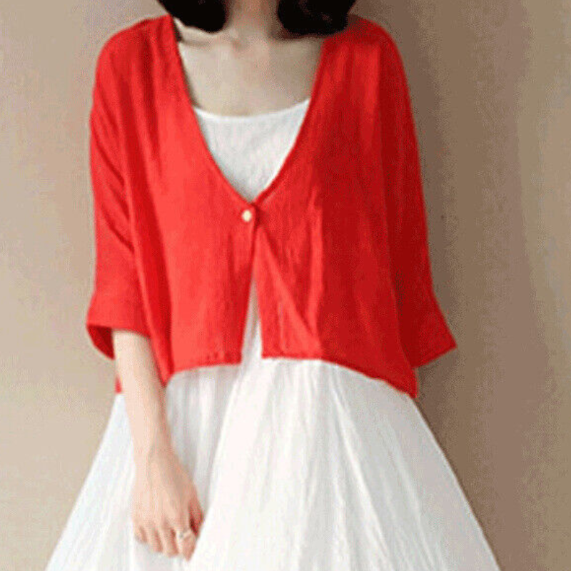 Cardigan Top Shirt Blouse Coat Shawl Cotton Linen Retro 3/4 Sleeve Short Women-image