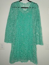 K. Jordan Womens Sz L Aqua Lace Crochet Long Sleeve Dress Spaghetti Strap Slip