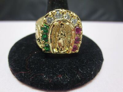 Ring Größe 10, 14 KT Gelbgold Plattiert, Virgo Maria 3 Farben CZ