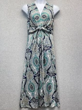 Soft Surroundings Medici Maxi Dress Womens Medium Blue Green Paisley Twist Front