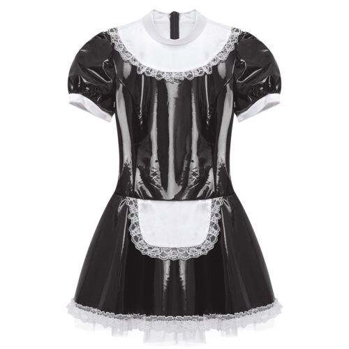 Women Dress Metallic Uniform Satin Maid Costume Anniversary Outfit Wetlook - Picture 12 of 62