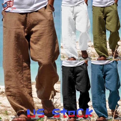 Mens Plain Casual Loose Work Pants Bottoms Pockets Elastic Waist Trousers US