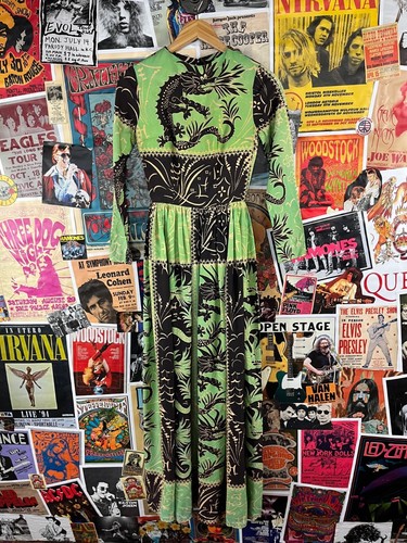 Vtg 60s Green Asian Dragon Novelty Print Hostess Maxi Dress Scarf 2XS Retro - Picture 20 of 21