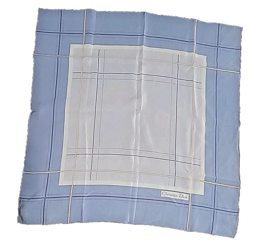 CHRISTIAN DIOR Foulard Vintage Carrés Géométriques Nuances de Bleu Tan Blanc Soie 30