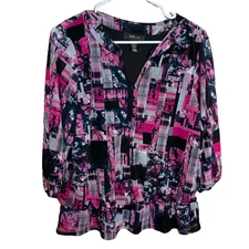 Style & Co Blouse Women's Large V-Neck 3/4 Sleeve Lined Career Shirt Top