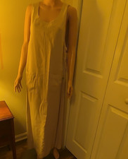 AKS Beige Cotton Denim Maxi Dress Sleeveless Button Pockets Scoop Neck M