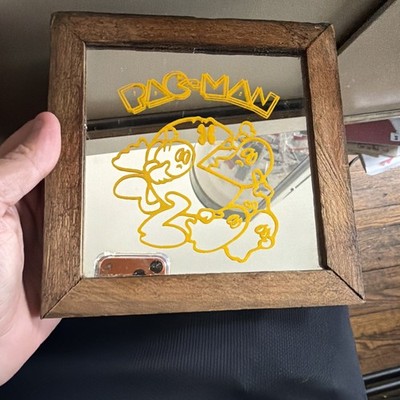 Vintage PAC MAN Carnival Glass Mirror Wooden Frame Rare 1980s