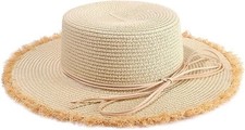 Sun Straw Hats for Women Wide Brim Beach Hats Bow Knot Fringed One Size Beige