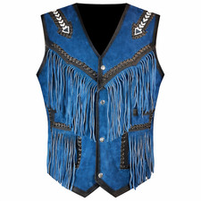 Native American Fringe Leather Vest Vintage Beaded Tassel Cowboy Waistcoat