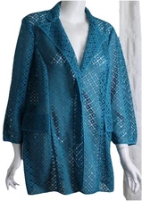 Carlisle Sz 12 Teal Turquoise Beautiful CutAway Lace 3/4 Jacket Blazer L