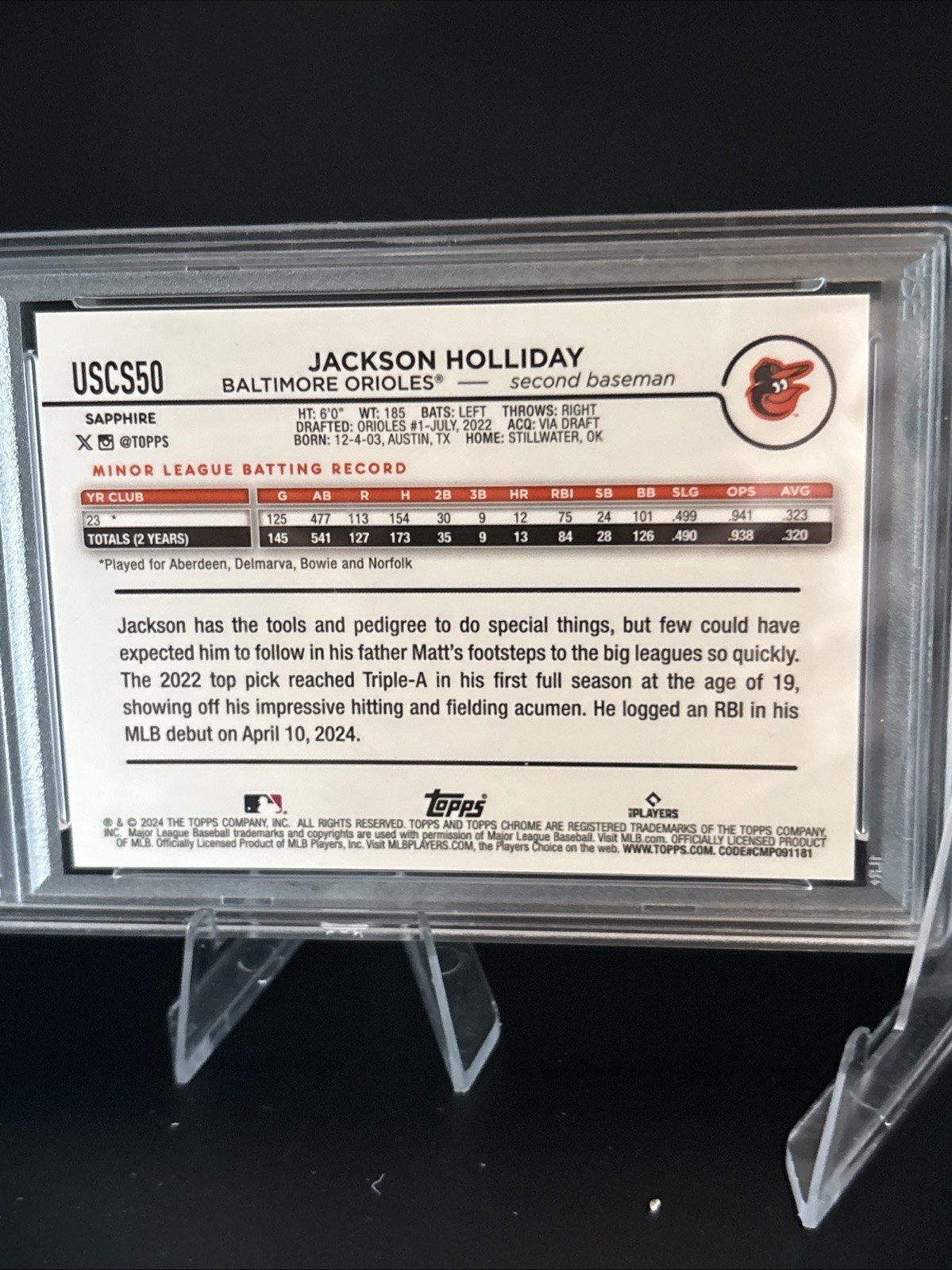 2024 Topps Chrome Update Sapphire Gold Refractor Jackson Holliday RC /50 PSA 10 view 8