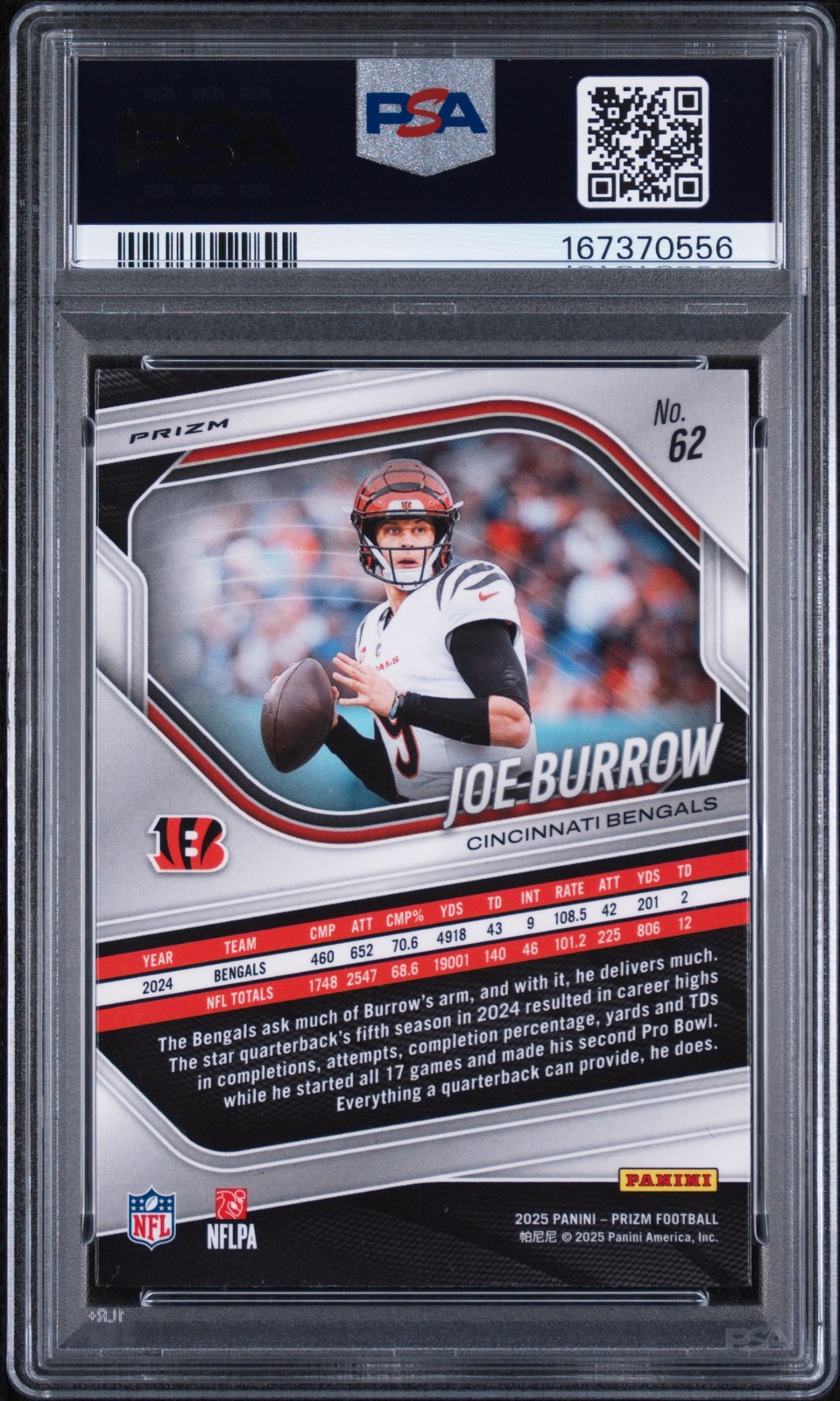 2025 Panini Prizm #62 Joe Burrow Blue SSP Prizm PSA 9 view 2