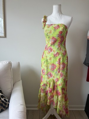 DREAM Y2K Dress Lime Green Floral Print Beaded Size Medium