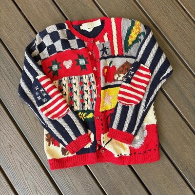 Vintage The Eagle Eye Cardigan Sweater Women Large Hand Knit  America Flag 90s