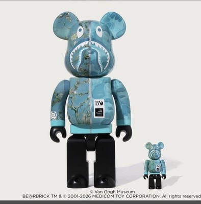 Auth Ape x Bape x VGM Almond Blossom Shark Bearbrick 100% 400% Set Van Gogh New