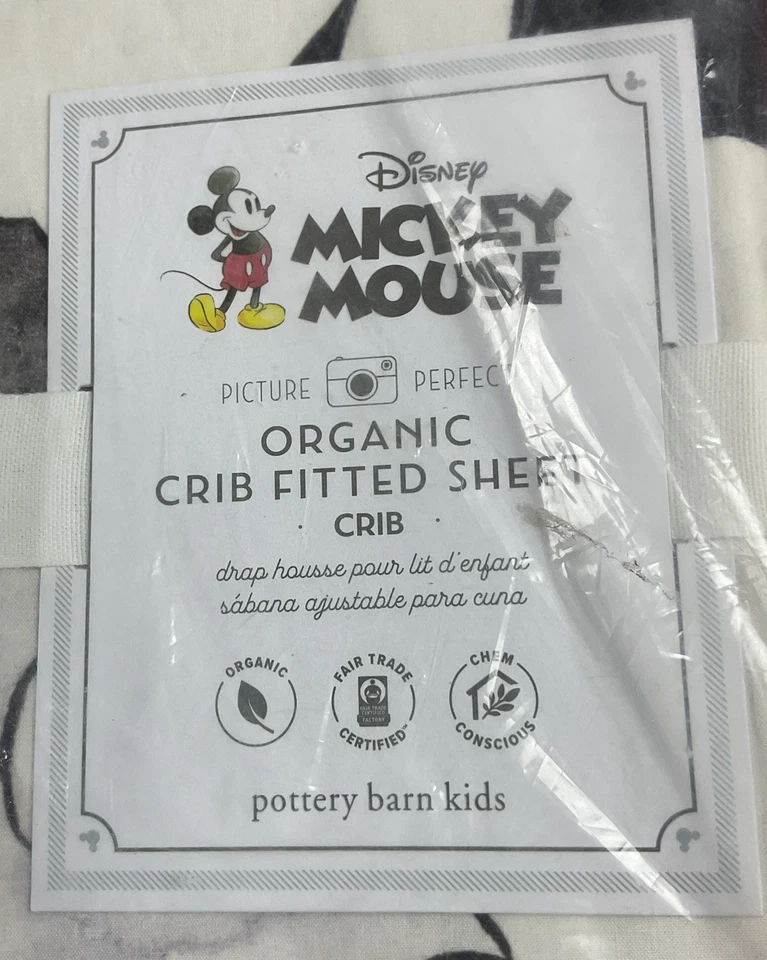 NUEVA Sábana Ajustable Disney Pottery Barn Niños Mickey Mouse Algodón Orgánico Cuna Foto 2 de 4