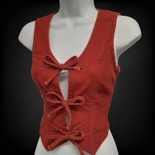 Vintage 1970s Rust Corduroy Lace-Up Boho Cropped Vest Size Small