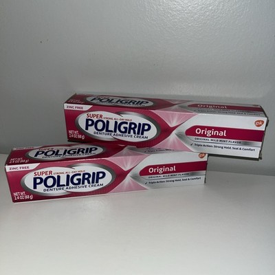 2 Pack Original Poligrip Super Denture Adhesive Cream, 2.4 oz Zinc Free Sealed