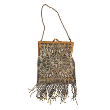Antique Beaded Bag Metallic Gold Silver Fringe Edwardian Art Nouveau France