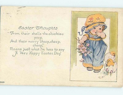 1926 Easter CUTE GIRL SEES CHICK HATCHING FROM EGG o6594