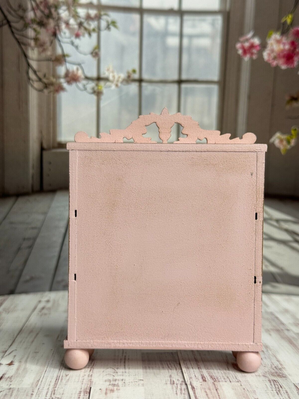 Vintage Artisan Miniature Dollhouse Pink Carved Wood Bookcase Floral Lined Back