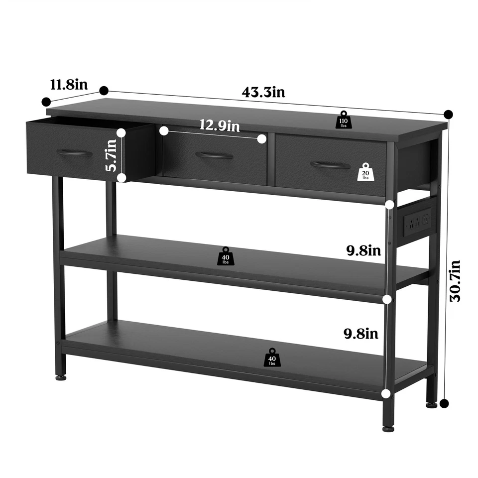 43.3" Console Table with Power Outlets 3 Drawers 2 Shelves Sofa Table Black - Image 2 of 4