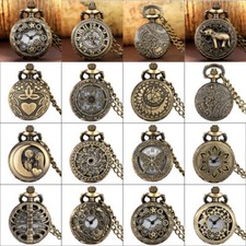 Small Steampunk Quartz Pocket Watch Bronze Full Hunter with Necklace Chain Gifts