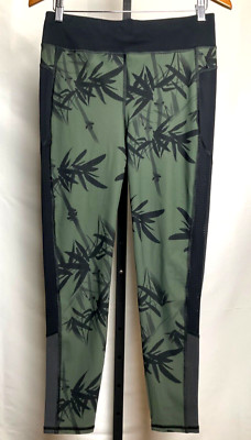 SWEATY BETTY Zero Gravity Run Leggings Black & Olive Green Bamboo Shadow Print L