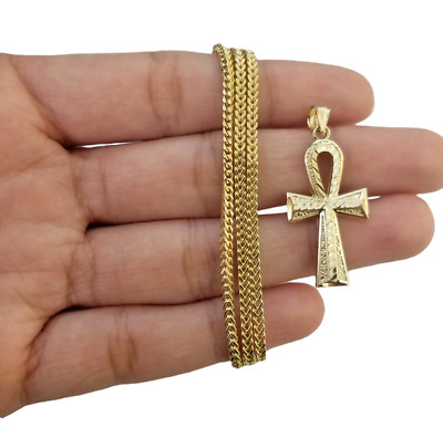Real 10k Gold Ankh Cross Pendent 2mm Franco Chain 18''-30'' Inch