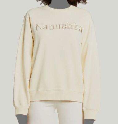 $295 Nanushka Women's Ivory Logo Embroidered Crewneck Pullover Sweater Size XS