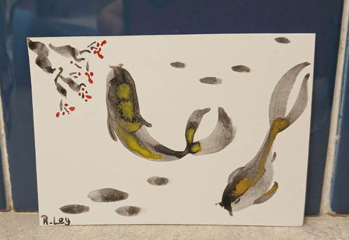 ACEO Original Art Card Watercolor Koi Fish Sumi-e Style