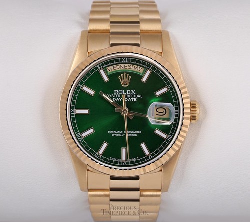 Rolex Day-Date 18238 Presidential- 18k Gold Fluted Bezel 36mm-Green Stick Dial - Picture 2 of 5