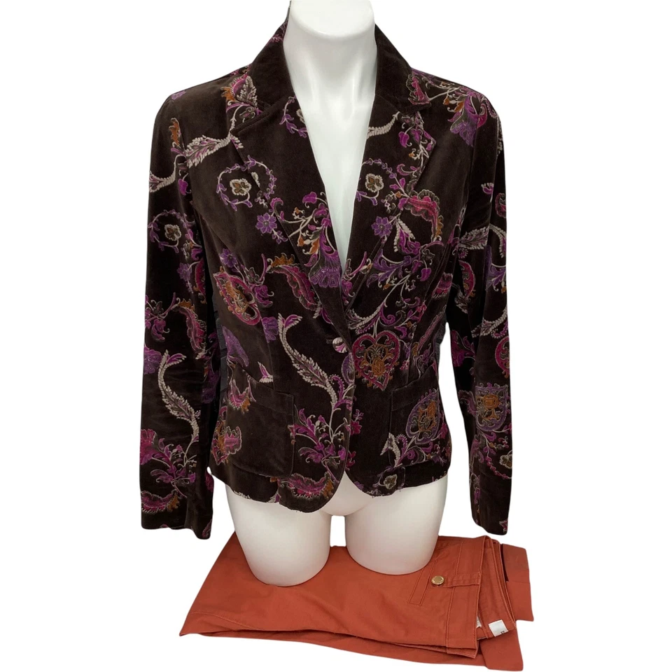Ellen Tracy Pantalones Mujer Talla 6 Lote Paisley Terciopelo Blazer Naranja Marrón Carrera Foto 2 de 4
