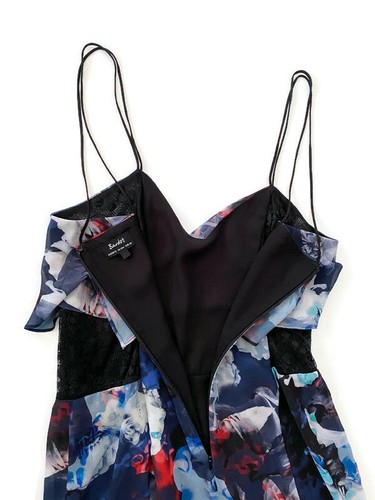 Bardot Dress Floral Navy Blue Red Flowers Frilly Mini Ladies Thin Straps Size 12 - Picture 5 of 7