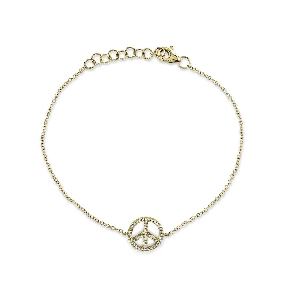 Diamond Peace Charm Bracelet 14K Yellow Gold 0.09CT Round Cut