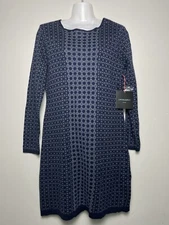 Cynthia Rowley Sweater Dress Womens Large Geometric Blue Stretchable 3/4 Sleeves