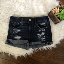 American Eagle Hi Rise Shortie Jean Shorts Medium Wash Distressed Size 2
