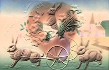 Antique Easter Card Bunny Rabbit Fantasy Horse Cart Airbrushed Vtg Postcard F7