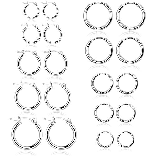 Amazon.com: Surgical Stainless Steel Thin Hoop Earrings 6mm  10 Pairs Silver Hoop Earrings Set for Men Surgical Steel Hoop Earrings display picture 1