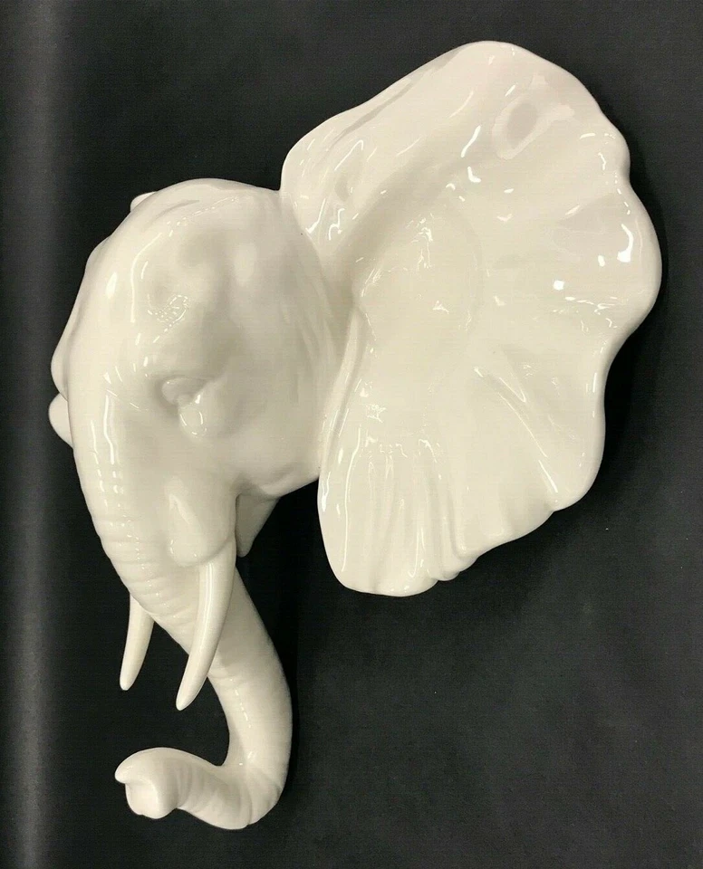 Cabeza de elefante de cerámica blanca brillante con colmillos para colgar en la pared arte decorativo Foto 3 de 4