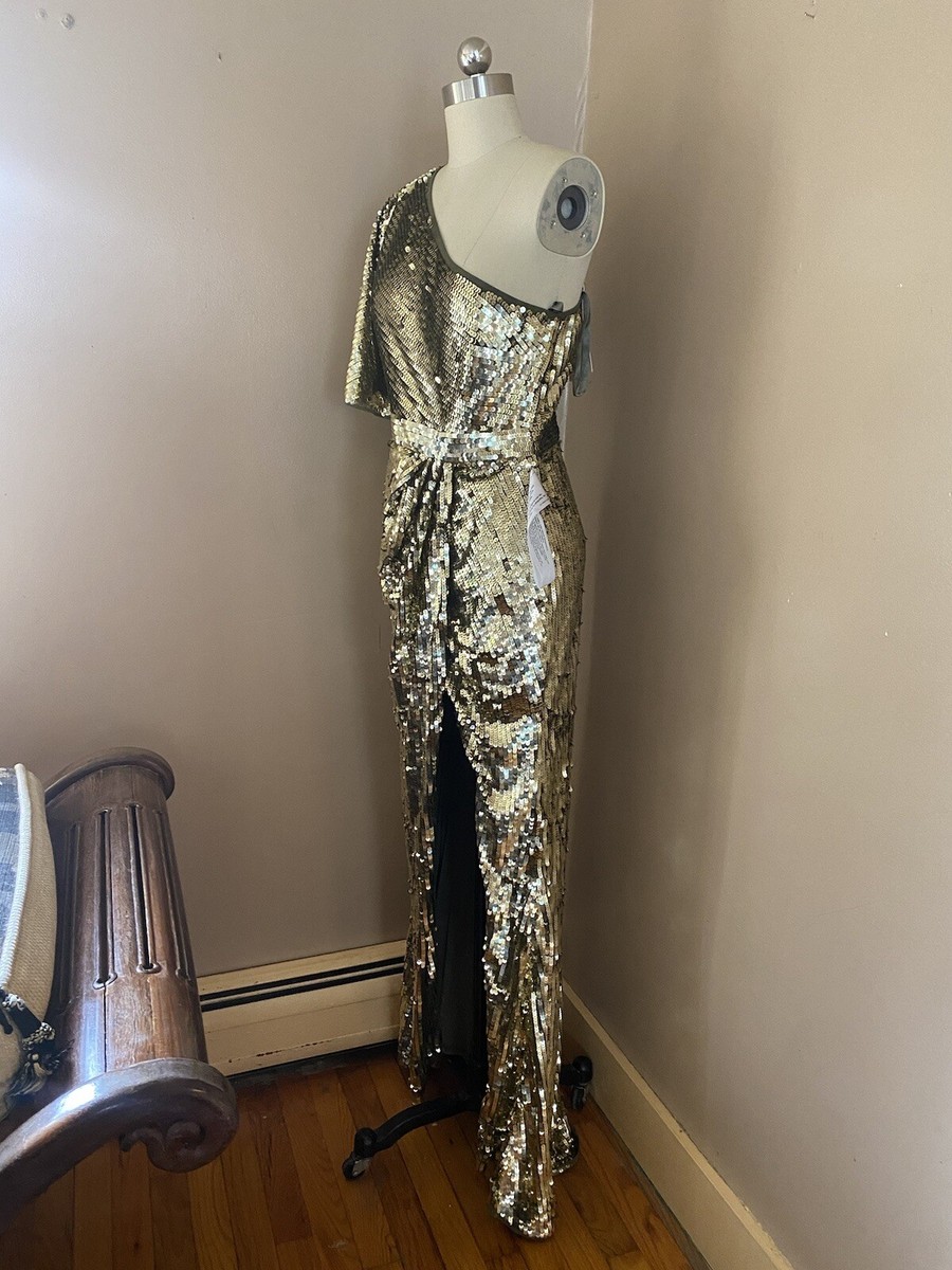 Mac Duggal Gold Sequin One Shoulder High Slit Evening Gown