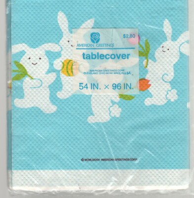Vintage Easter Bunny Tablecover, 1984, Rabbits, Paper Retro, Blue White, 54 x 96