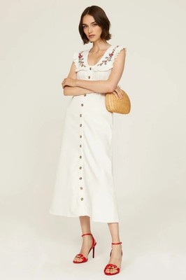 RIXO Nova Cotton Embroidered Floral Denim Midi Dress Size 6 White