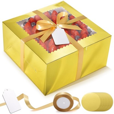 32 PCS 10x10x5 Inch Gold Bakery Box With Window Cake Board Carrier Container