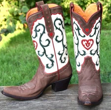 STALLION BOOT CO Vtg "Maria Heart" Sz 7C Brown & Beige INLAY Cowgirl Boots $1498
