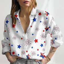 America Firework Linen Look Shirt Merica 4th of July Blouse Tops Women